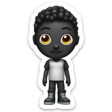Create an image of an animated black character resembling a collectible vinyl toy. The character is humanoid with a robotic texture and oversized, glossy eyes that give it an expressive, sticker
