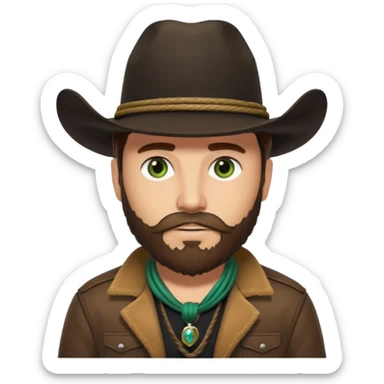 yellowstone ranch cowboy with brown beard, black cowboy hat with black rope and no jewel, black t-shirt, leather tan jacket, and green eyes sticker
