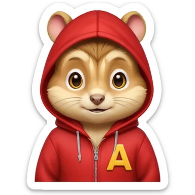 Portrait of a cartoon chipmunk with light brown and beige fur, wearing a red hoodie with a yellow 'A' on it, big round eyes, small nose, and a mischievous grin, front-facing, stylized in animated movie style sticker