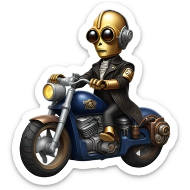 C-3PO wearing a pair of navy-blue rimmed sunglasses, hat, leather chaps, fringe jacket riding a steampunk motorcycle on ice  sticker