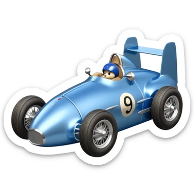 Metallic blue and lightly chrome-accented Antique-looking  kid-sized race car for teddy bear with custom aero body and rear wing sticker