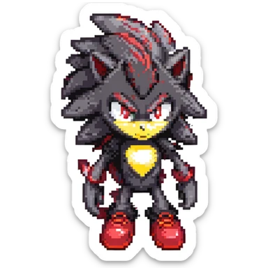 Shadow the Hedgehog with red eyes, black fur with crimson highlights, standing on cracked asphalt, flickering streetlights, distant city, dusk atmosphere, glowing red shoes sticker
