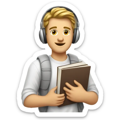 A white guy is a university student with books in his left hand, textbooks in his right hand, headphones

 sticker