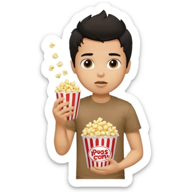 generate a pretty tan bratz boy with a brown tshirt on. eating popcorn. messy black hair sticker