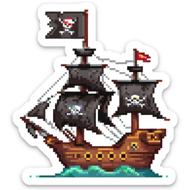 A pirate ship with black sails and flag sticker