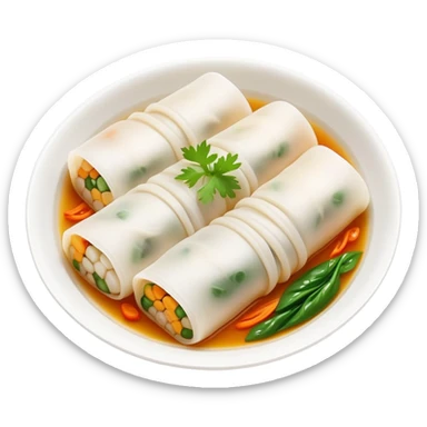 Hangzhou Pian Er Chuan thin rice noodle rolls with fillings, simplified emoji style with bold outlines and bright colors, cartoon style Zhejiang specialty resembling Cheung Fun sticker