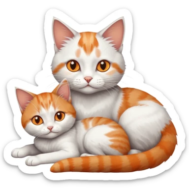 full body of a grey and white cat cuddling a very small + skinny ginger and white kitten with deep orange eyes and triangular shaped face lying down sticker