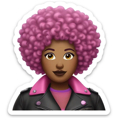 Plus size black woman with short  pink curly afro and a purple leather biker jacket with makeup on face. sticker