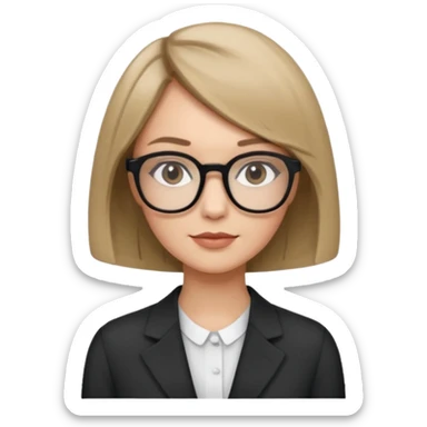 woman dark blonde petite bob haircut wears dark squarish glasses, classic clothes sticker