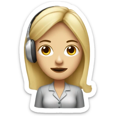 A call center worker, blonde, wearing headphones, with large dark circles under her eyes, holding a coffee with a very tired face. sticker