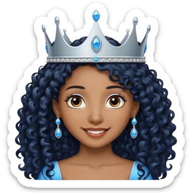 Por favor hazme el emoji de la princesa pero morena con el pelo negro y rizado y largo, los ojos marrones y la corona plateada con jollas azules sticker