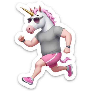 friendly anthropomorphised male white unicorn with an extra chunky, very strong and stocky build, arms and legs matching the white of the head, in grey shorts and pink t-shirt, wearing dark sunglasses, jogging upright in a standard pose sticker