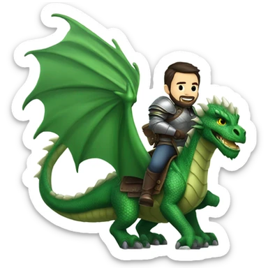 Confident armored White Man with dark brown hair and a short beard riding on the back of a giant green dragon sticker