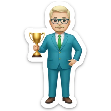 Full Body white fat male  wearing glasses with a goatee with light blonde gray very short hair basketball head Coach in blue and green suit holding trophy sticker