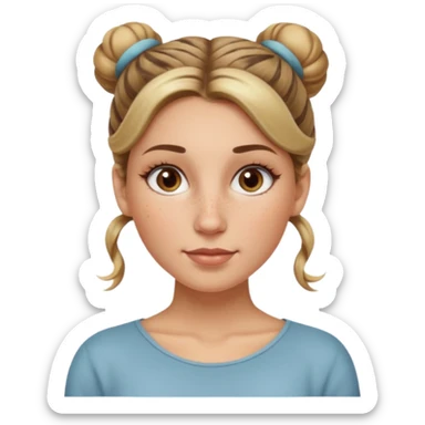 creative women with long dark Blond with highlights semi curly hair white women with hair in a top bun, oval shape face hazel eyes long lashes freckles on the nose high cheek bones sticker