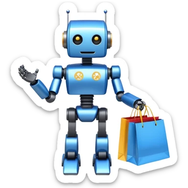 black friday robot with blue and metalic colours with bags in his hands sticker