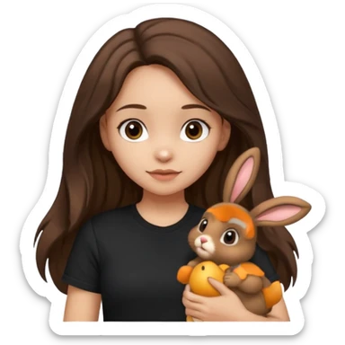 Girl About 15 years old with light skin and brunette Long slightly wavy hair, with dark brown eyes. Shes wearing black t-shirt. In her hand she's holding a brown bunny with ears down sticker
