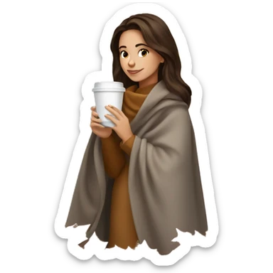 Brunette girl autumn with blanket and coffee sticker