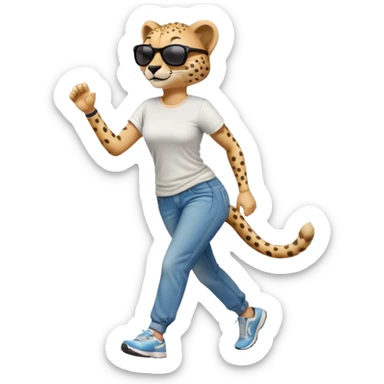 friendly anthropomorphised female cheetah in jeans and t-shirt, wearing dark sunglasses, jogging upright in relaxed pose sticker