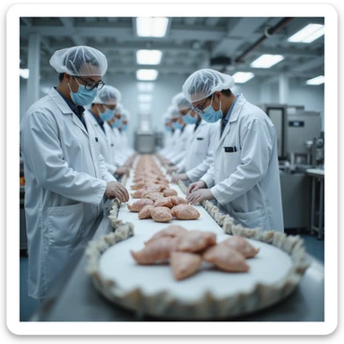 modern pharmaceutical production line with workers in lab coats and masks operating a conveyor belt selecting dried pig thyroid for purification, clean and bright environment, hyperrealistic 4K details sticker