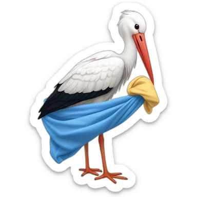 White stork carrying a blue bundle of cloth in its big beak that has a cute human person cute baby boy inside and his head is peeking from the fabric the strok is carrying in its beak sticker