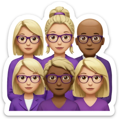 FIVE person team; 2 men and 3 women.  All dressed in yellow or purple.  
1 caucasian woman with blonde mid length hair
1 caucasian woman has ash blonde hair tied up.  
1 man is African-american and bald
1 man is caucasian and very little hair left.  
All have glasses sticker