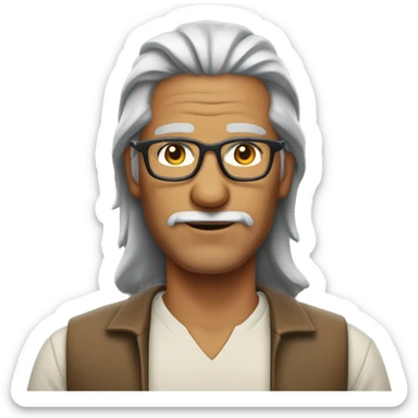 Gray haired tanned  Native American man with a beard and  glasses and a plain shirt, mid 50 with a beard sticker