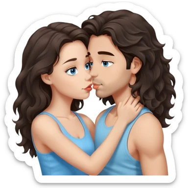 A girl with long, dark brown, wavy hair, grey-blue eyes, and a light blue tank top gives a kiss  sticker