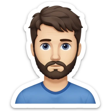 Caucasian man with wavy dark brown hair styled loose with wavy fringe, medium-length wavy hair, short full beard, neutral serious expression, simple blue shirt sticker