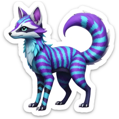 Feral Rare Fantasy  Black-Dark-Vortexed Lightning-strike-zig-zag-patterned striking purple-indigo-violet-blue-cyan-gradients with black points, white underside, galactic stormy edgy badass realistic Vernid-Sergal-Genet-Trico-species by LiLaiRa, random markings, tufted tail, tufted ears, full body sticker