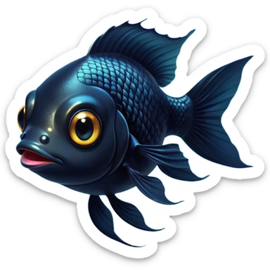 Cinematic Cute Black Goldfish Portrait Emoji, Head tilted playfully and inquisitively, featuring a glossy, deep black body with shimmering scales and round, sparkling golden eyes filled with curiosity, Simplified yet irresistibly adorable features, highly detailed, glowing with a warm, friendly glow, high shine, affectionate and lively, stylized with a touch of whimsy, bright and endearing, soft glowing outline, capturing the essence of a mischievous yet loving goldfish, so playful it feels like it could swim out of the screen and into your heart! sticker