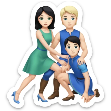 prince, upright, black Hair, blue eyes, blue garment,  Woman, blonde Hair, Green eyes, bending knee, sleveless White Dress, sticker