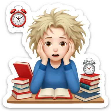 A student girl is sitting in a panic and chaos. On the table, there are a bunch of books, notebooks, and a phone with a red alarm clock on the screen. sticker