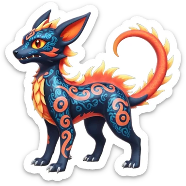 Shiny Fiery Dark Ugly Evil Realistic Glowing Eldritch Horror Cool Edgy Badass Emo Demonic Batty Dusky Ethereal Punky Aural Fluorescent Bioluminescent Hideous Canine-Litten-Amaura-Salandit-Noibat-Flareon-Fakémon-fusion (full body) with intricate pattern markings sticker