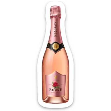 bottle of sparkling rosé champagne with a rose logo on the label, tilted up and to the left, no glass sticker