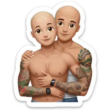 throuple tattooed sleeves bbald male with topless naked big boobed brunette and topless naked big boobed blonde girlfriends  loving  and sexy polygamy sticker