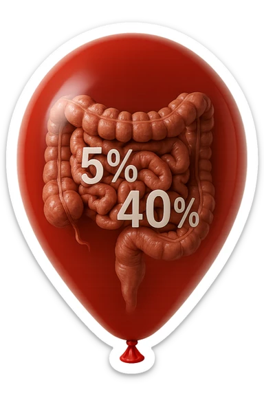 intestino umano anatomico chiuso in un palloncino rosso con la scritta 5% e 40% dentro insieme all'intestino, iperrealistico 4k sticker