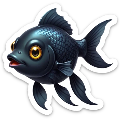 Cinematic Cute Black Goldfish Portrait Emoji, Head tilted playfully and inquisitively, featuring a glossy, deep black body with shimmering scales and round, sparkling golden eyes filled with curiosity, Simplified yet irresistibly adorable features, highly detailed, glowing with a warm, friendly glow, high shine, affectionate and lively, stylized with a touch of whimsy, bright and endearing, soft glowing outline, capturing the essence of a mischievous yet loving goldfish, so playful it feels like it could swim out of the screen and into your heart! sticker