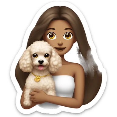 Long straight hair brunette girl , in white strapless top holding a golden toy poodle  sticker