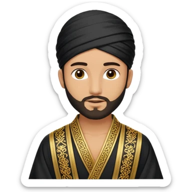 
-Apariencia: Joven de unos 25-30 años, atractivo,.
-Rostro: Ojos oscuros, piel ligeramente morena, rasgos árabes finos.
-Cabello: Negro, algo rizado o suelto, con barba fina.
-cuerpo entero Cuando se revela su identidad, puede llevar una túnica más oriental, con faja y turbante sencillo. sticker