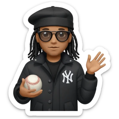 African American man with shoulder length black dreadlocks wearing black sunglasses with black bubble winter coat wearing a New York Yankees baseball hat with hands out sticker