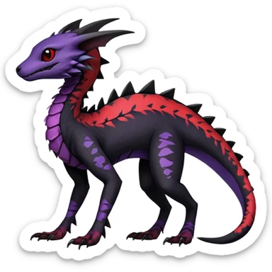 Rare realistic exotic edgy dark gothic gloomy spooky black and red/purple epic pretty beautiful handsome gorgeous aesthetic colorful vibrant Vernid-Trico-species-Fakemon-Salandit-hybrid-creature by LiLaiRa, 4 legs, 1 tail, random markings, (full body) sticker