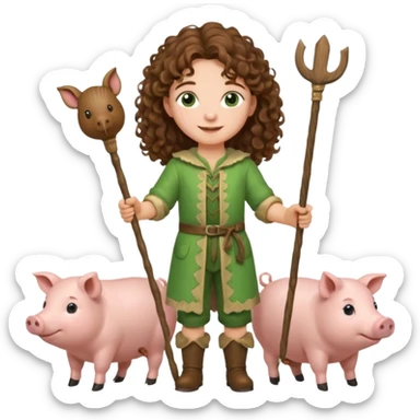 happy young shepard, long curly brown hair, in green magical outfit, with wooden shepard stick in hand, taking care of pigs sticker