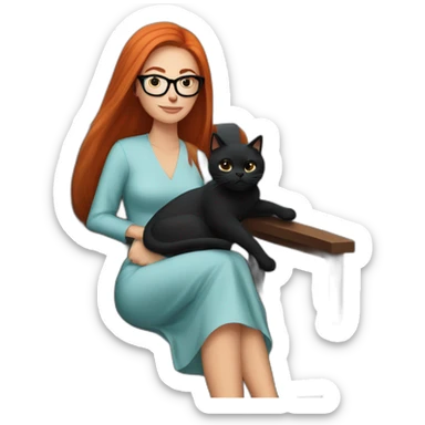 woman with long straight red hair and black-rimmed glasses, in a dress, sitting in an armchair, with a black cat on her lap sticker