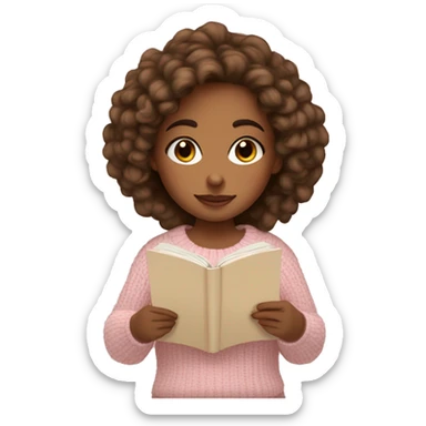 Pretty brown eyed tan girl with light pink sweater reading cozy sticker
