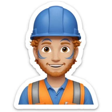 construction worker man ginger curly hair, blue helmet and face tattoo sticker