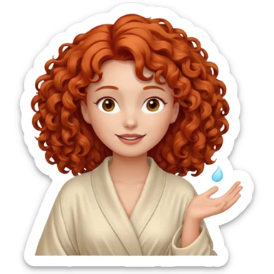 Cartoon emoji of a girl with voluminous curly red hair, fair skin, warm brown eyes. Wearing a chic milky silk robe with long sleeves, no makeup. Portrait mode, giving herself a face massage, joyful and relaxed. Smooth, simple, stylized. sticker