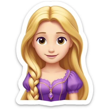 Cinematic Radiant Rapunzel Portrait Emoji, rendered in a flat vector style with clean proportions. Show Rapunzel with a gentle smile, fair, glowing skin, and her iconic long golden hair cascading softly, wearing a simple, elegant purple dress. The image radiates a warm, enchanting glow, high shine, and is accentuated by a soft glowing outline. sticker