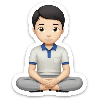 Cartoon Asian boy sitting cross-legged, clearly resting his closed fist against his cheek, looking thoughtful with a slight smirk. White polo, gray pants, black shoes, large eyes, short black hair. Clean vector style, flat colors, black background. sticker