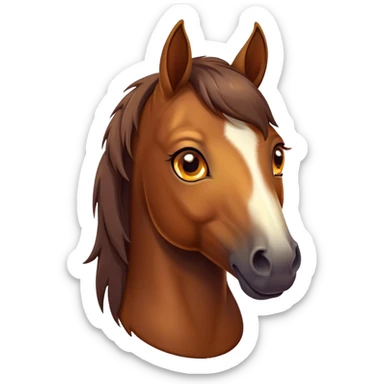 Cinematic Cute Bay Horse Portrait Emoji, Head tilted playfully and inquisitively, showcasing a glossy bay fur with a vibrant sheen and expressive amber eyes filled with curiosity, Simplified yet irresistibly adorable features, highly detailed, glowing with a warm, friendly glow, high shine, affectionate and spirited, stylized with a touch of whimsy, bright and endearing, soft glowing outline, capturing the essence of a mischievous yet loving horse, so playful it feels like it could prance out of the screen and into your arms! sticker